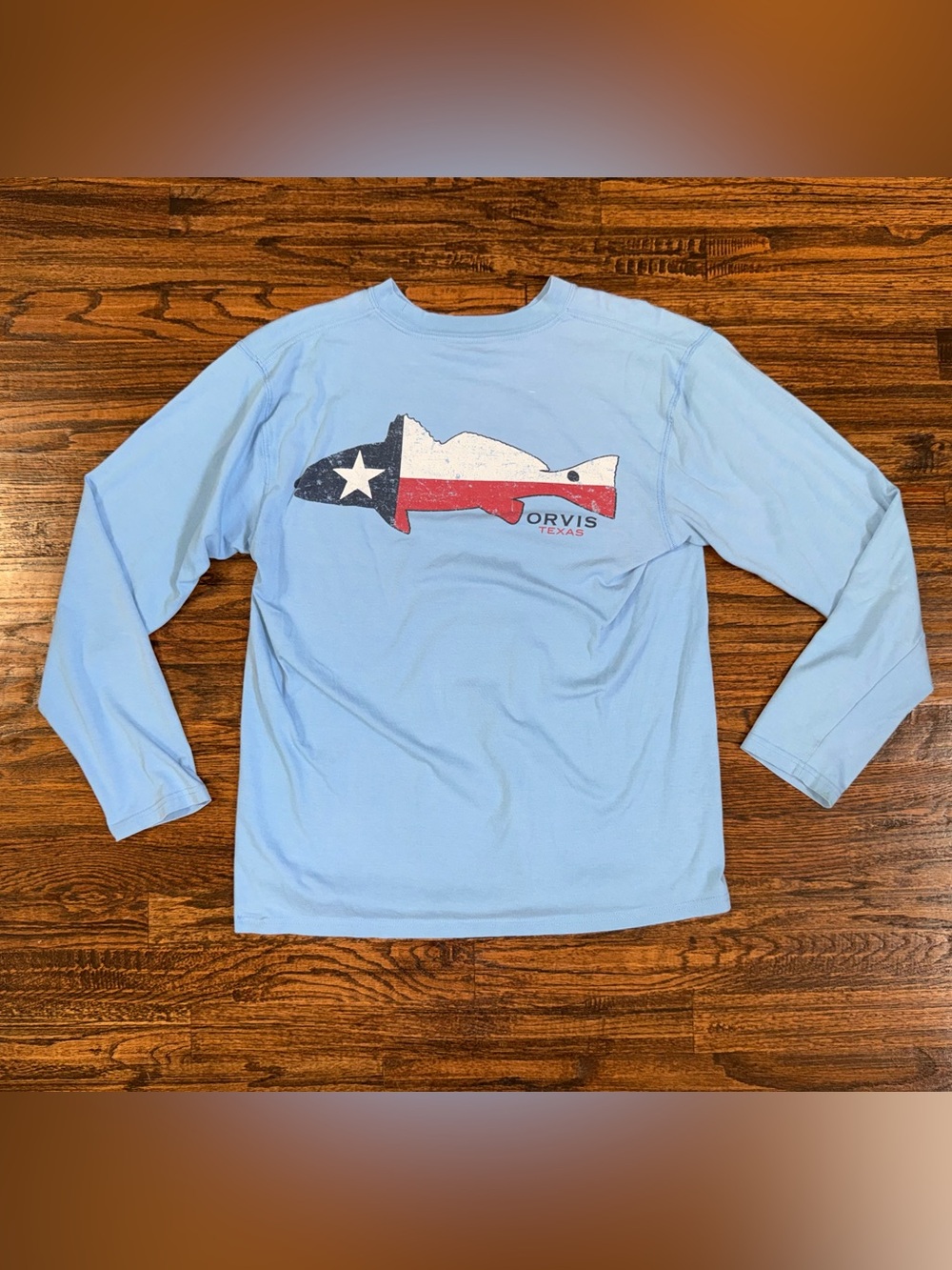 Vintage Orvis Longsleeve T-Shirt Texas Trout Fishing USA Made Baby Blue Size M
